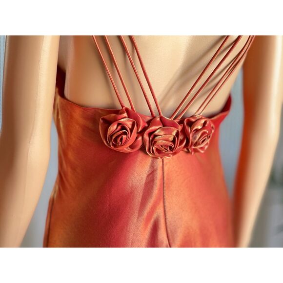 Vintage 90s Let’s Fashion Iridescent Orange Rosette Gown Open Back Dress Size L - Picture 7 of 15
